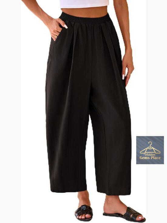 Pants - Linen Blend Wide Leg Crop Capri Pants with Pockets